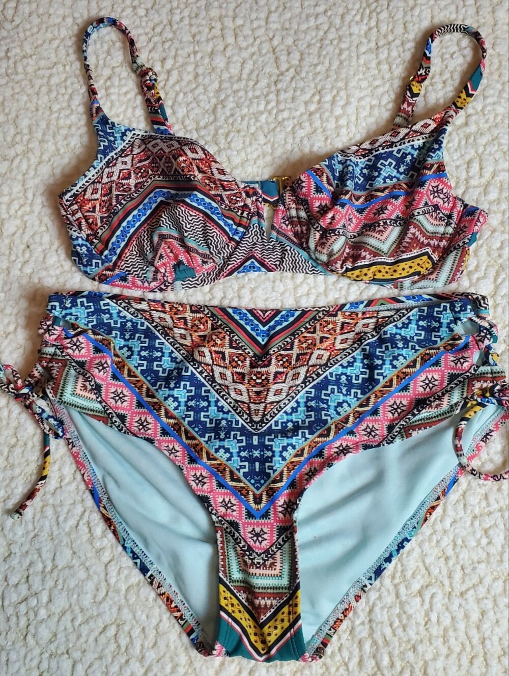 Time and Tru Boho Print 2 Piece Bikini Top & Bottoms, M (8-10), Blue Multi